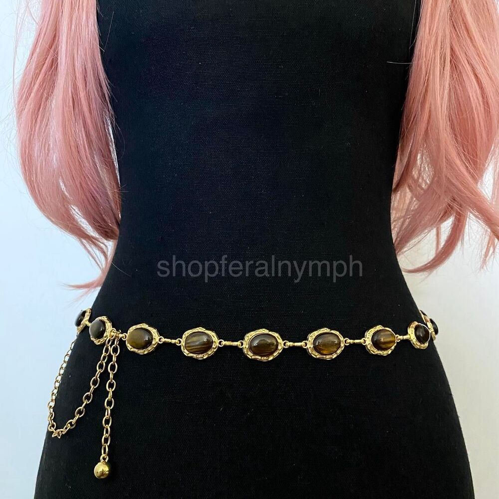 Gold Tiger Eye Faux Stone Western Boho Chain Belt, Fits 16-38 Inches, X7GA1412